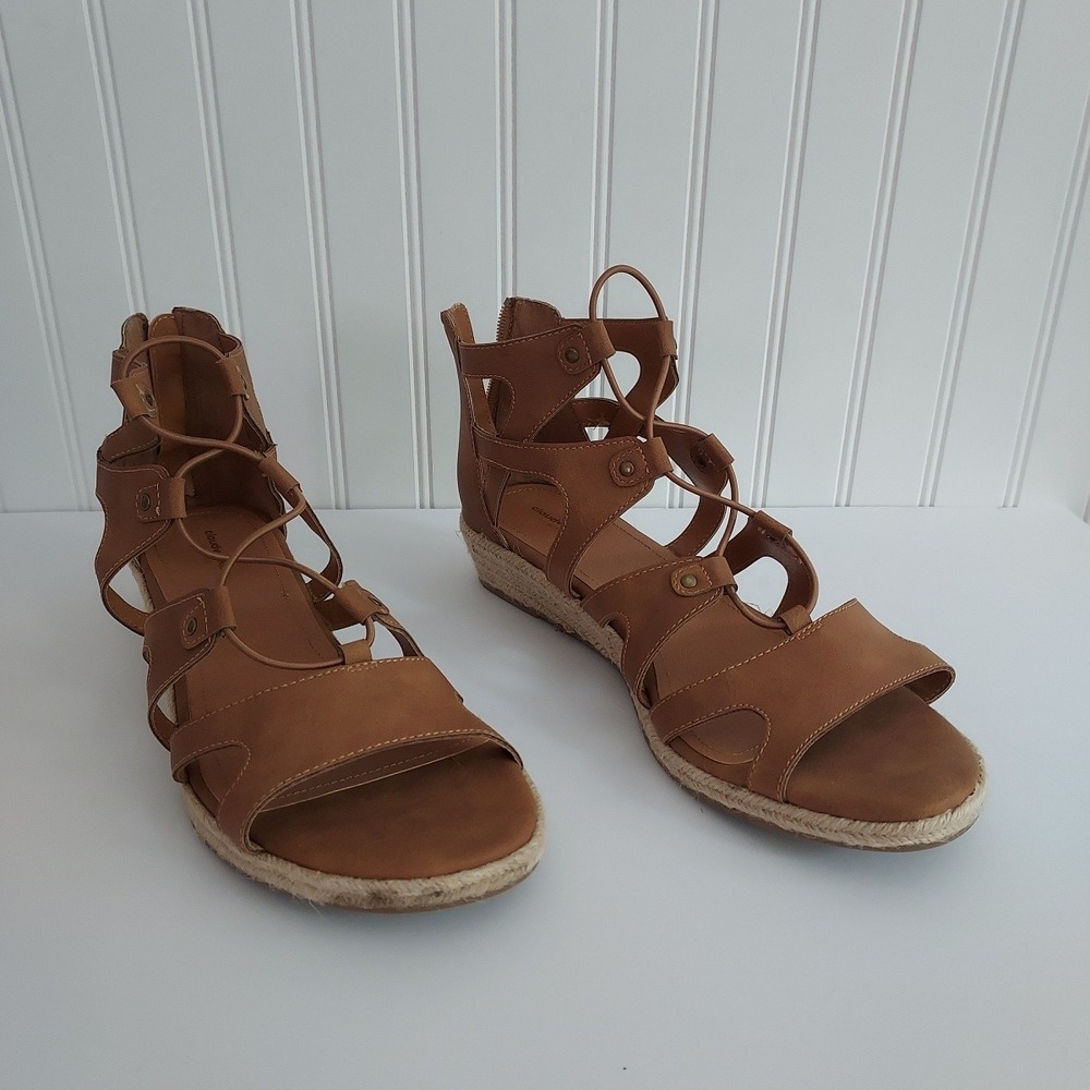 Cloudwalkers Avenue Tan Gladiator Espadrille Wedge‎ Sandals Strappy Back Zip 10